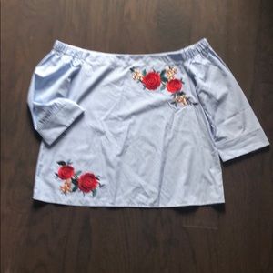 Blue & White Pinstriped Off The Shoulder Top SZ XL